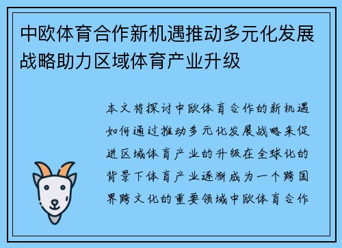 中欧体育合作新机遇推动多元化发展战略助力区域体育产业升级